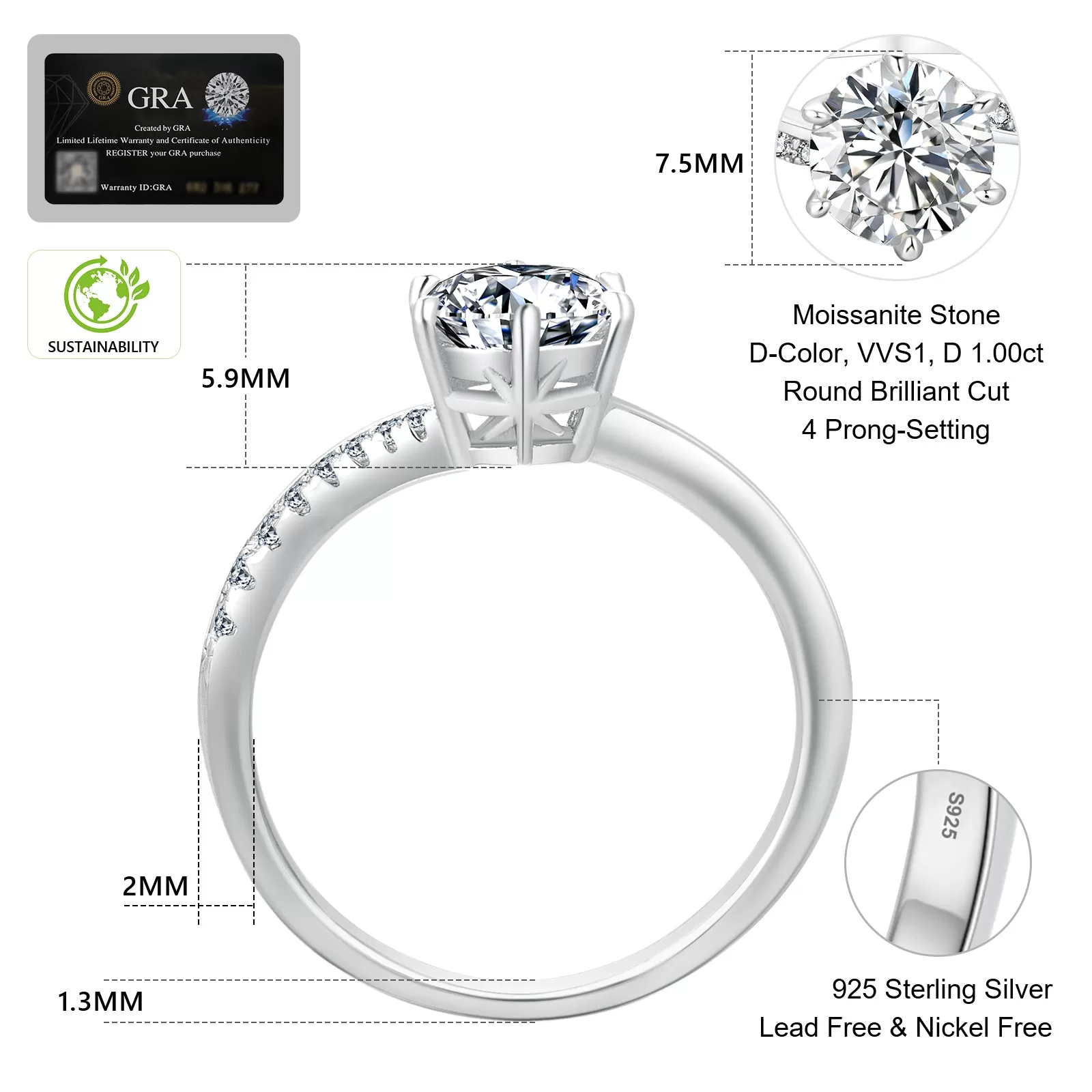 1.0 Carats VVS1 Moissanite Rings for Women 0183 KRKC