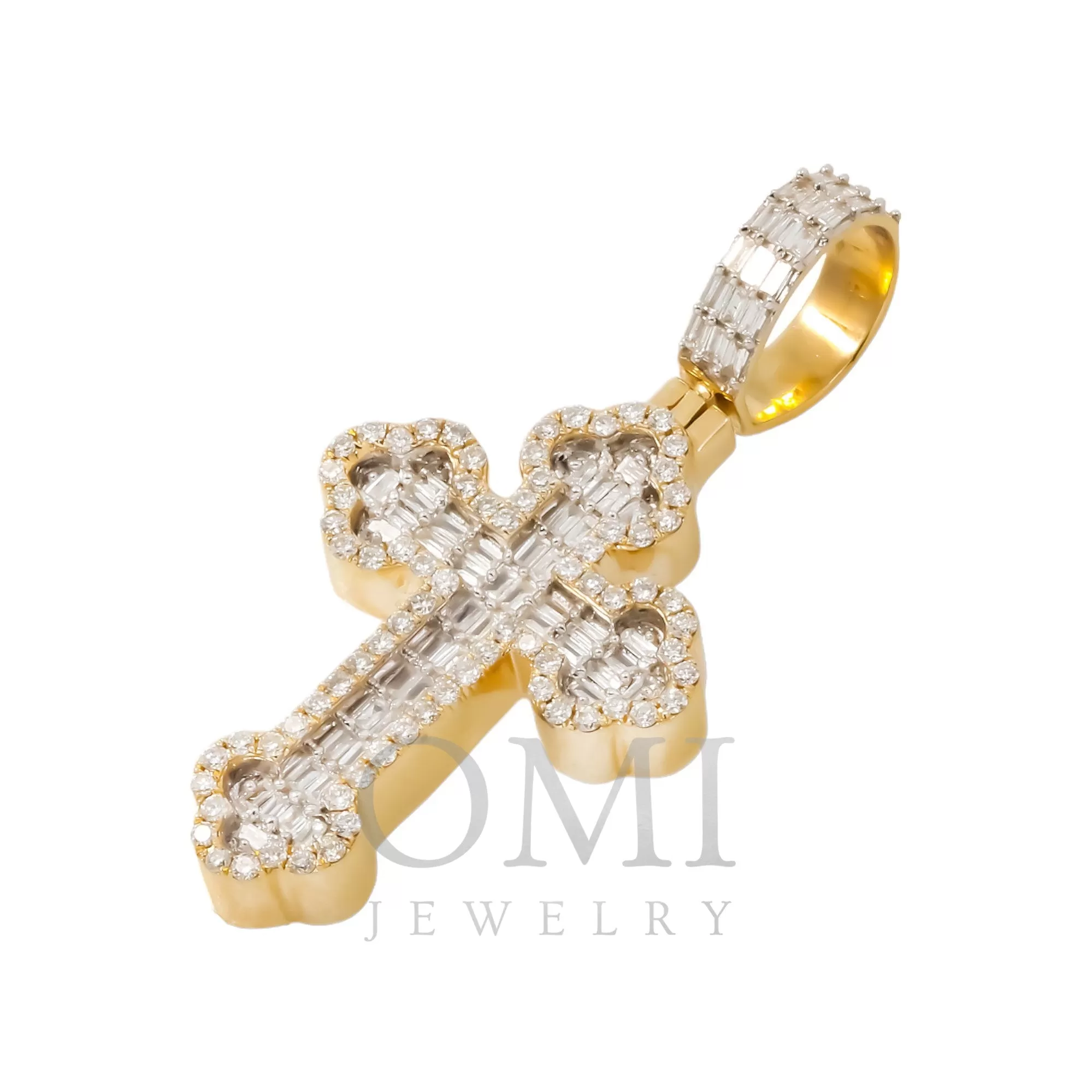 14K GOLD BAGUETTE AND ROUND DIAMOND CROSS PENDANT 1.25 CT