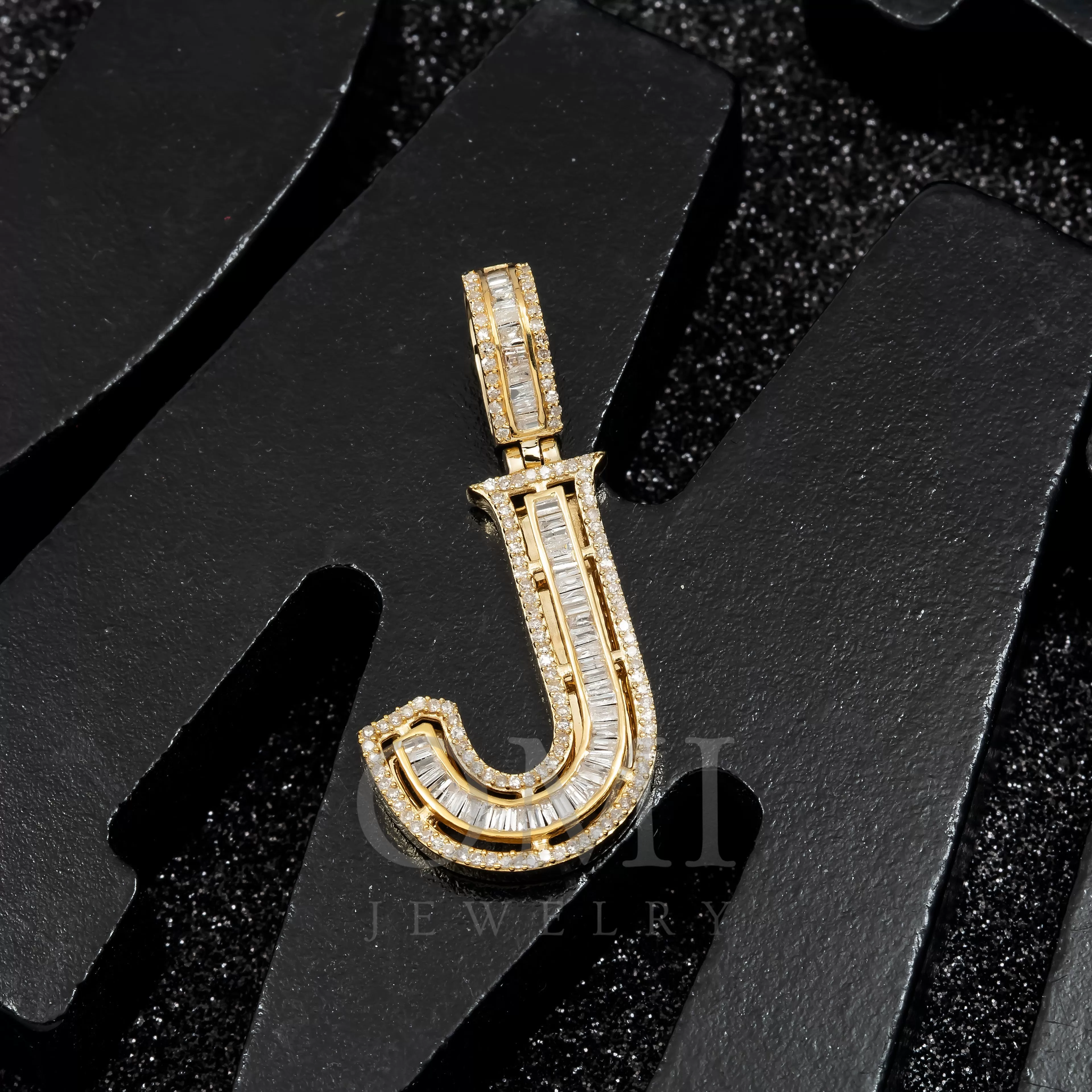 14K GOLD BAGUETTE DIAMOND INITIAL LETTER J PENDANT 0.88 CT