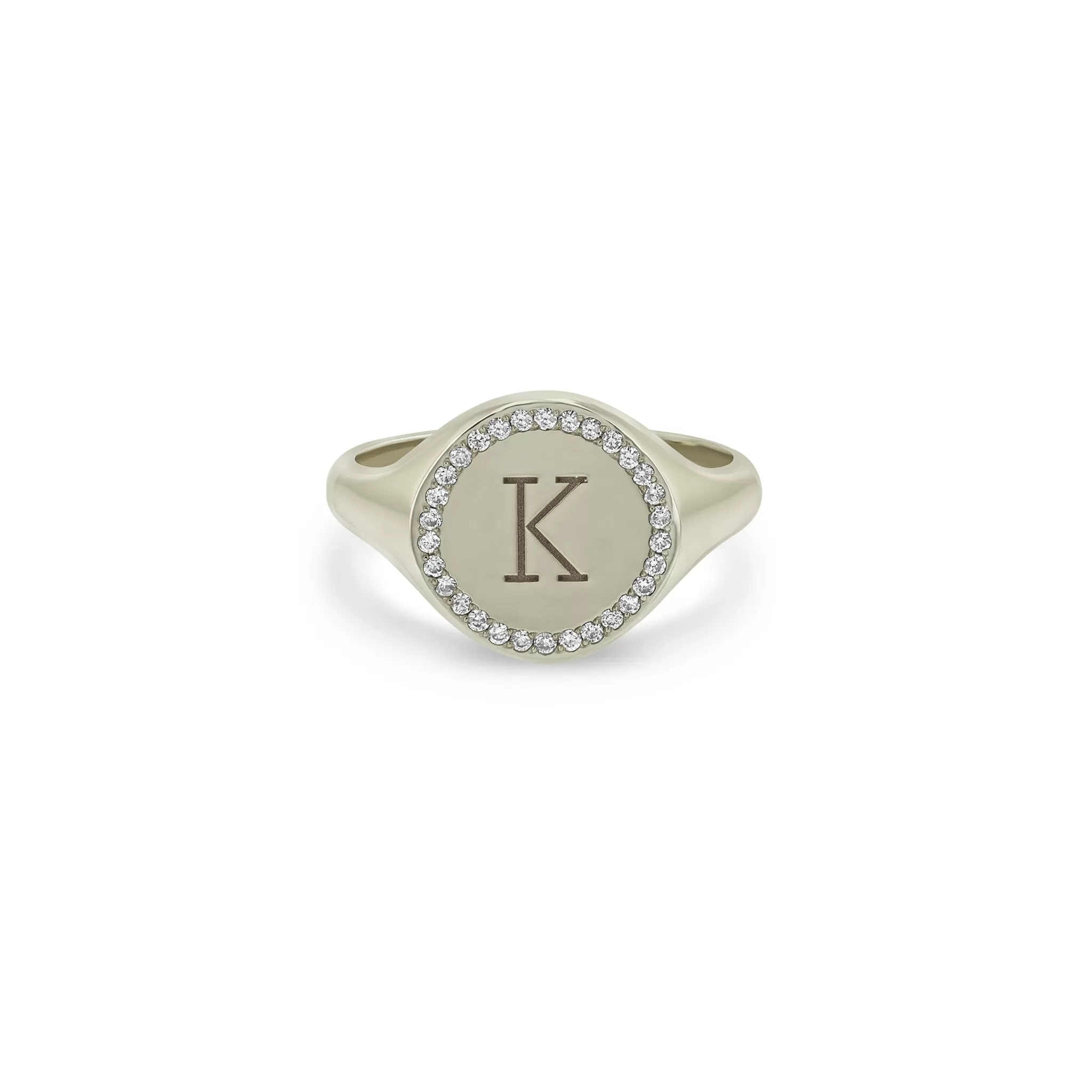 14k Medium Engraved Initial with Diamond Halo Round Signet Ring