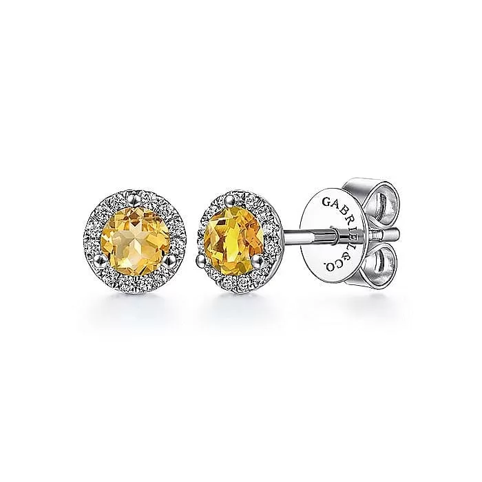 14K White Gold Citrine and Diamond Halo Stud Earrings