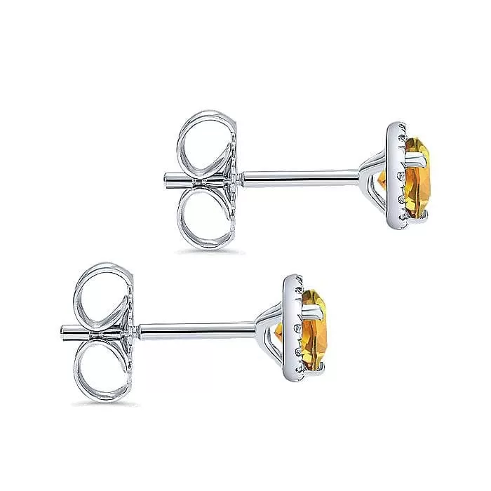 14K White Gold Citrine and Diamond Halo Stud Earrings