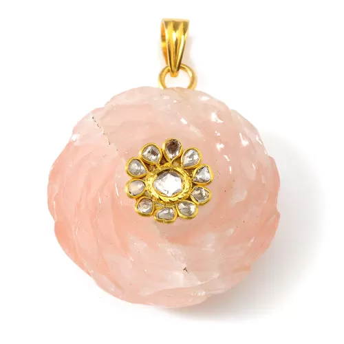 22k Gold Uncut Diamond and Rose Quartz Gurhal Pendant