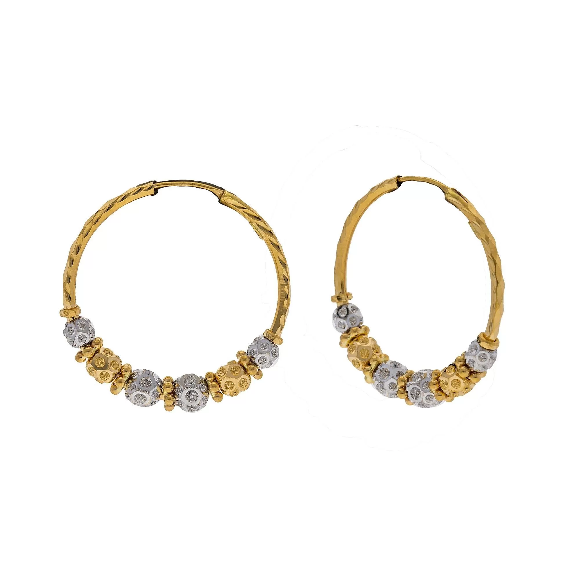 22K Multi Tone Hoop Earrings W/ Gold Shambala Beads, 7.8 Grams