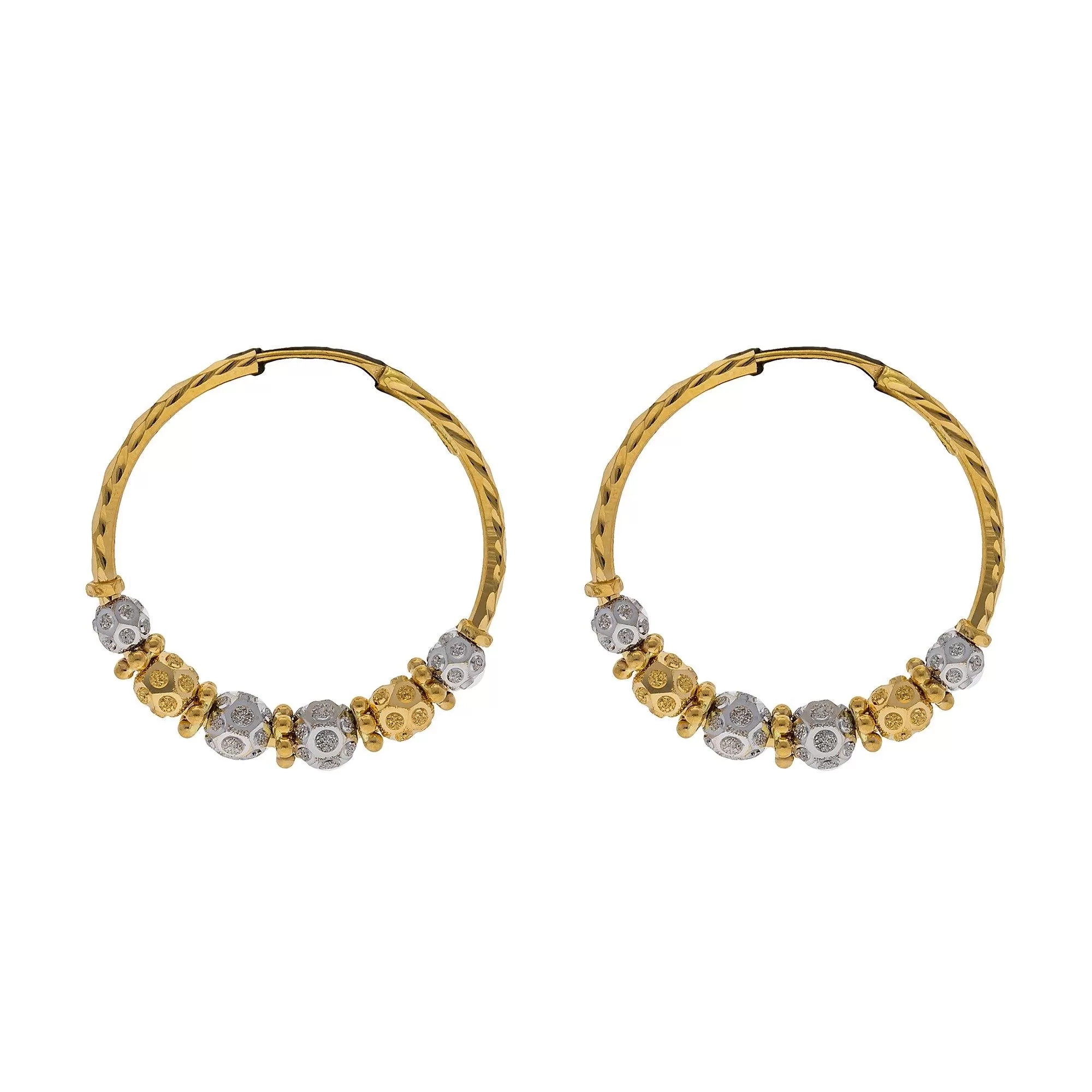 22K Multi Tone Hoop Earrings W/ Gold Shambala Beads, 7.8 Grams