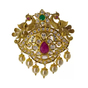 22K Yellow Gold Eyelet Pendant W/ Emeralds, Rubies, CZ Gemstones, Pearls & Peacocks, 24.5gm