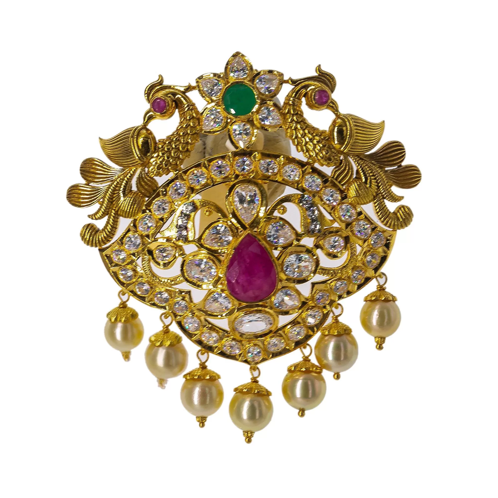 22K Yellow Gold Eyelet Pendant W/ Emeralds, Rubies, CZ Gemstones, Pearls & Peacocks, 24.5gm