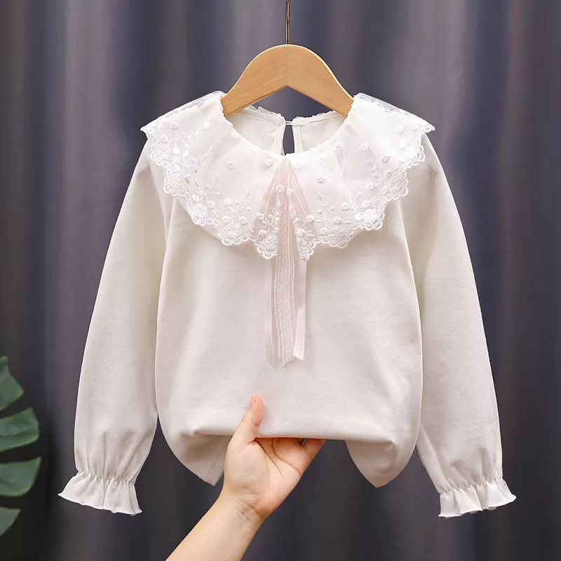 3-10Years Kids Girls Lace Doll Collar Stretch Cuffs White Top Toddler GirlsBottoming Shirt Wholesale Childrens Clothing In Bulk