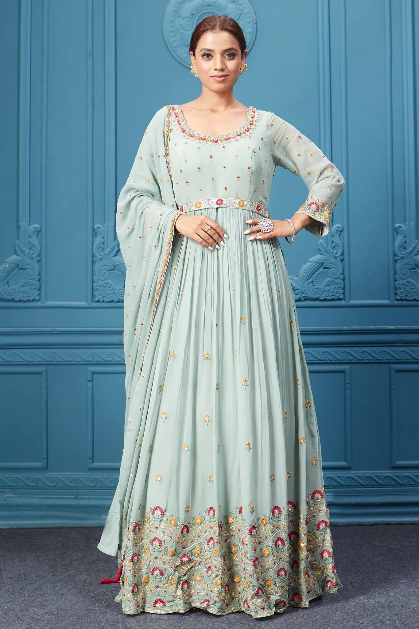 510045 Pastel Green Anarkali Suit Set With Dupatta