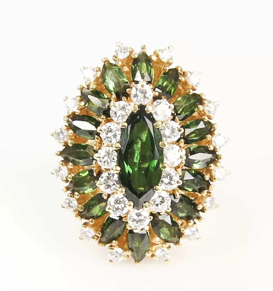 9.73CT HUGE VINTAGE ESTATE RETRO GREEN TOURMALINE DIAMOND CLUSTER BALLERINA RING