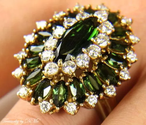 9.73CT HUGE VINTAGE ESTATE RETRO GREEN TOURMALINE DIAMOND CLUSTER BALLERINA RING