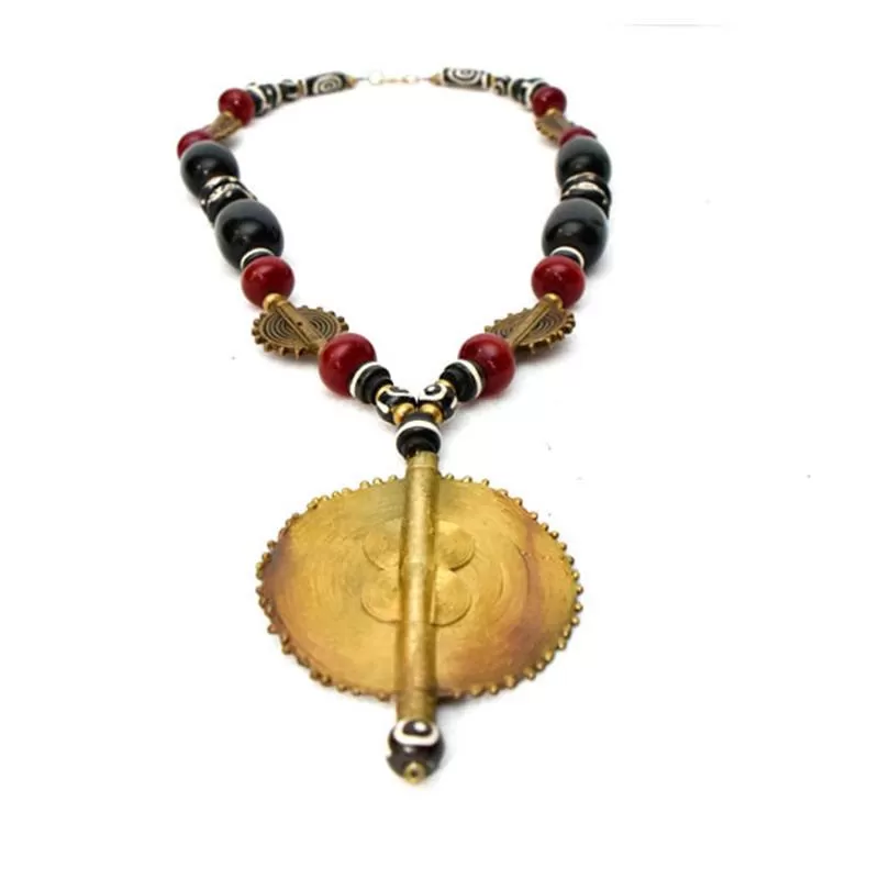 African Black & Maroon Copal Resin Amber & Brass Necklace and Earring Set