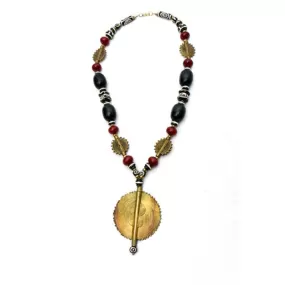 African Black & Maroon Copal Resin Amber & Brass Necklace and Earring Set