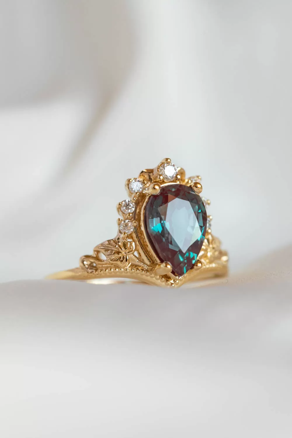 Alexandrite and diamonds engagement ring, big pear gemstone gold ring / Ariadne