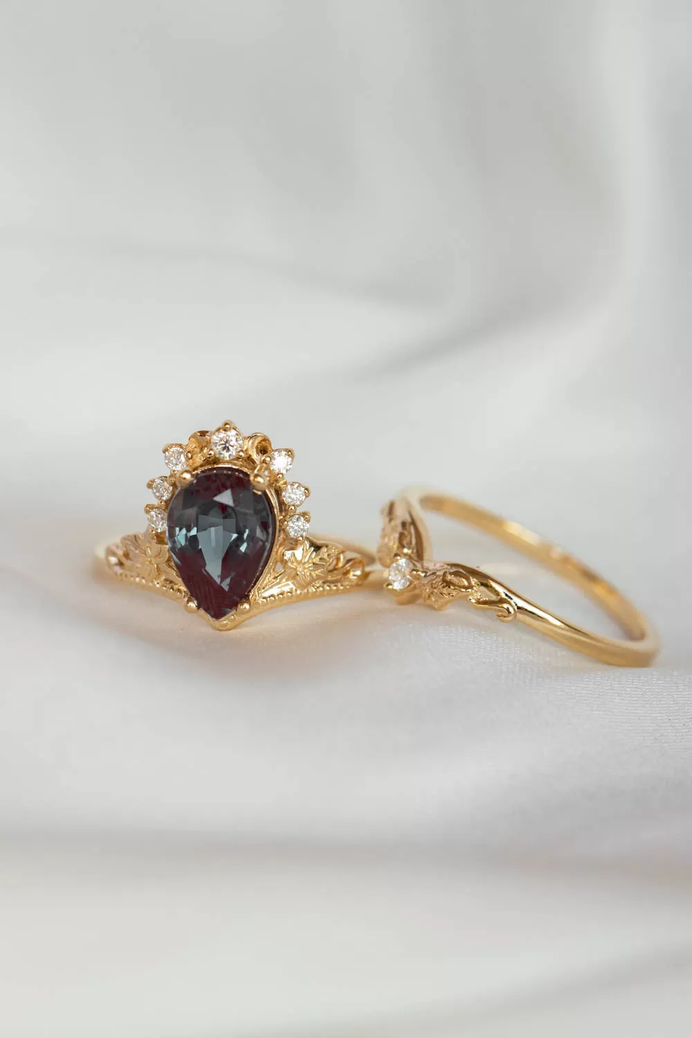 Alexandrite and diamonds engagement ring, big pear gemstone gold ring / Ariadne