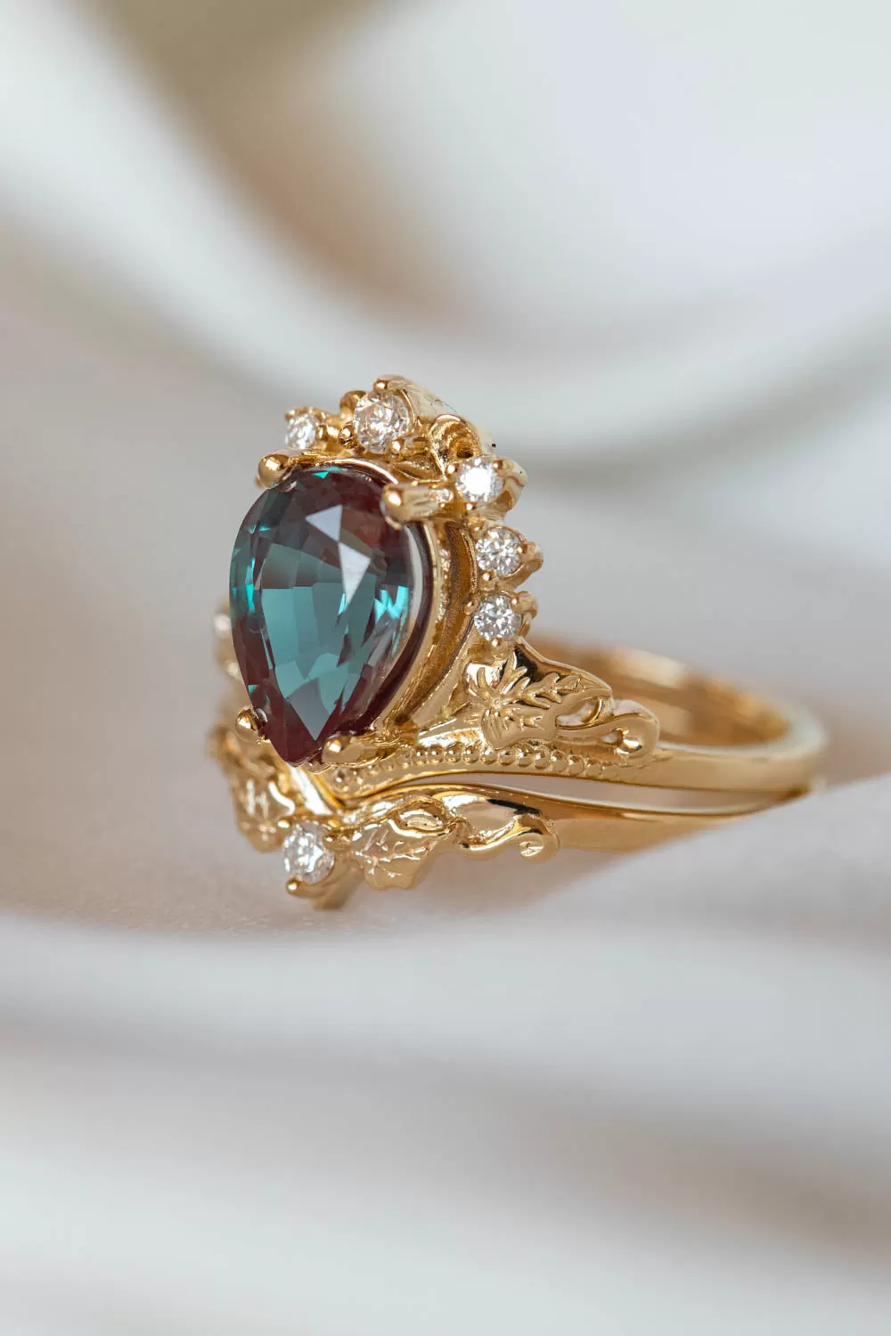 Alexandrite and diamonds engagement ring, big pear gemstone gold ring / Ariadne