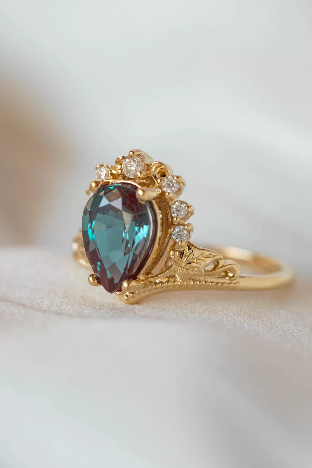 Alexandrite and diamonds engagement ring, big pear gemstone gold ring / Ariadne