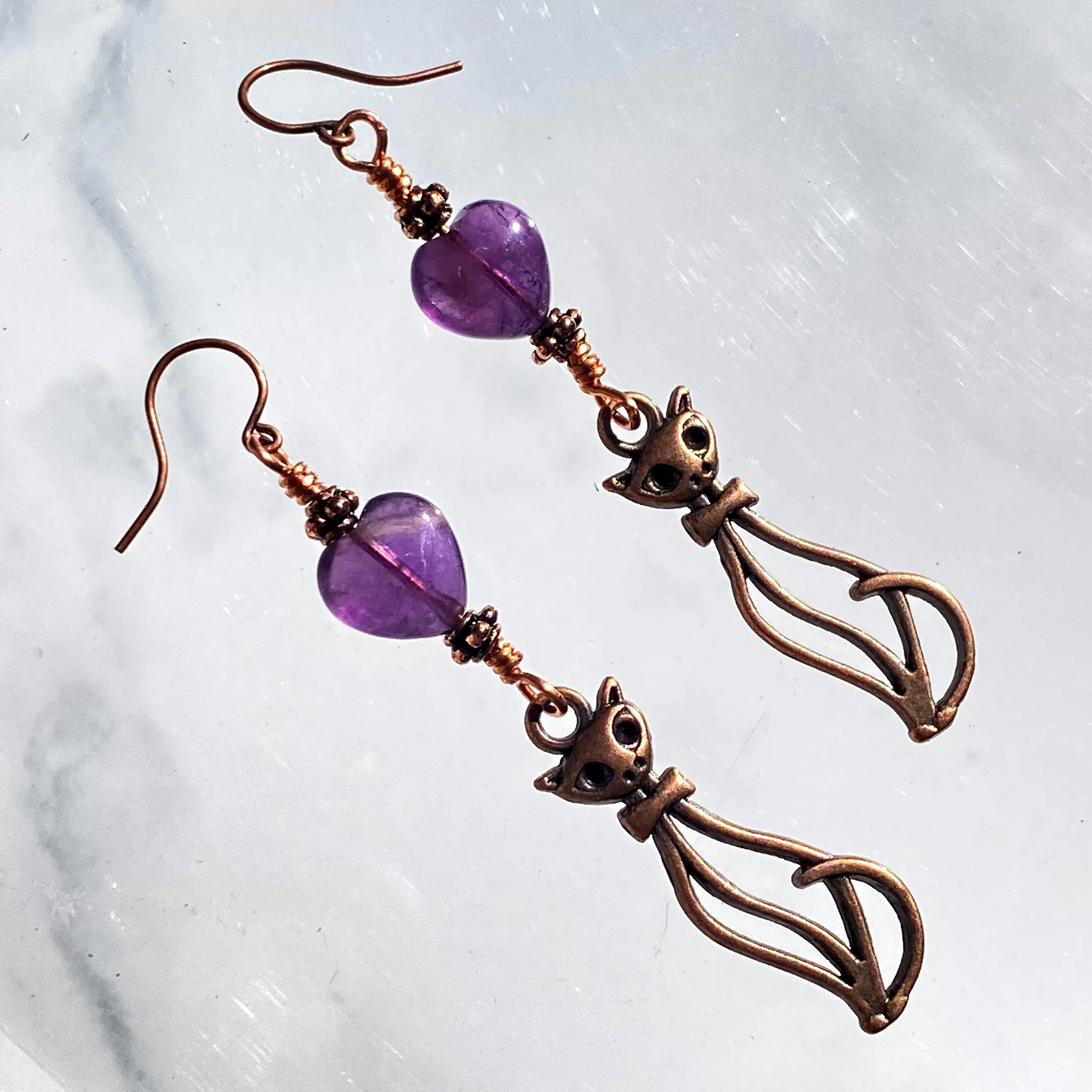 Amethyst gemstone Heart and Copper Kitty Drop Earrings