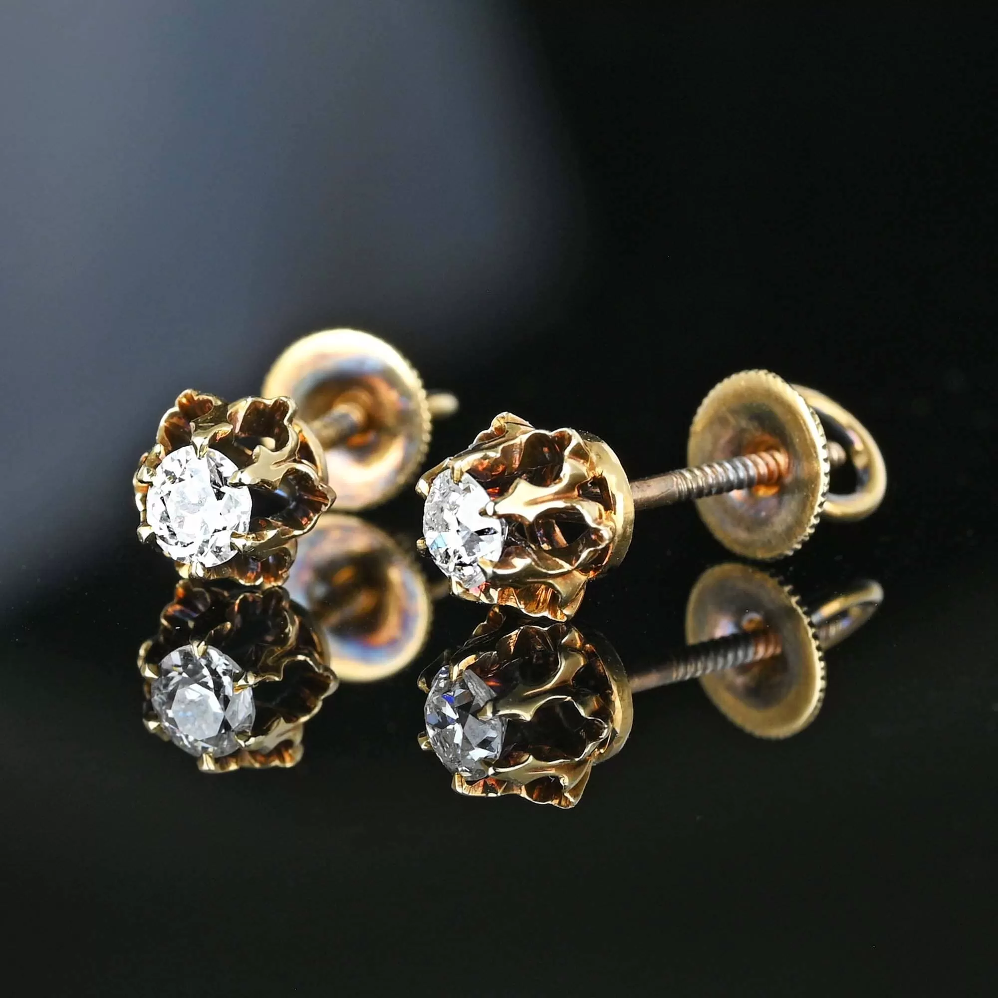 Antique 14K Gold European Cut Diamond Stud Earrings