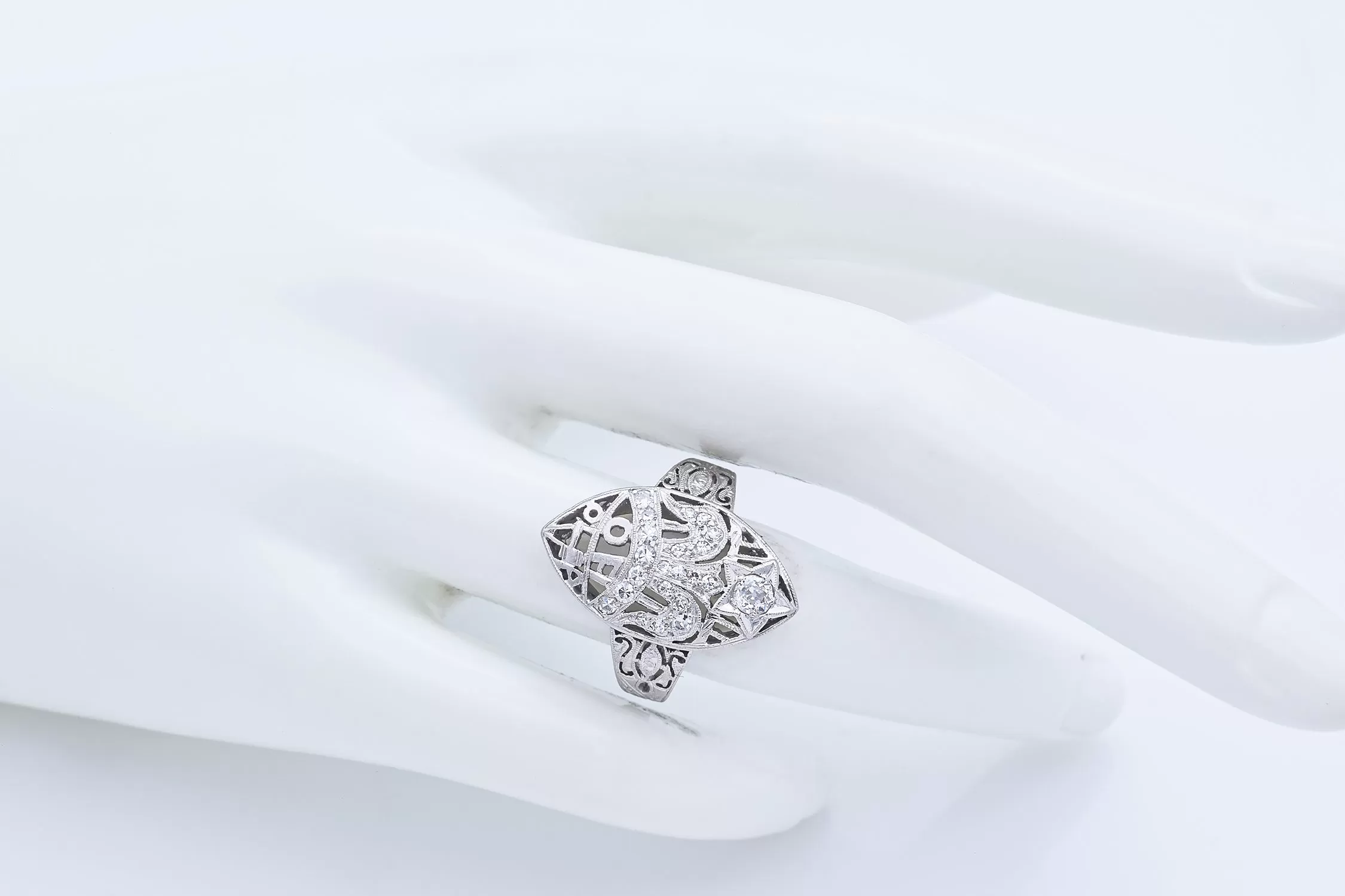 Antique Platinum 0.47 TCW Diamond Navette Cocktail Ring Size 6.25