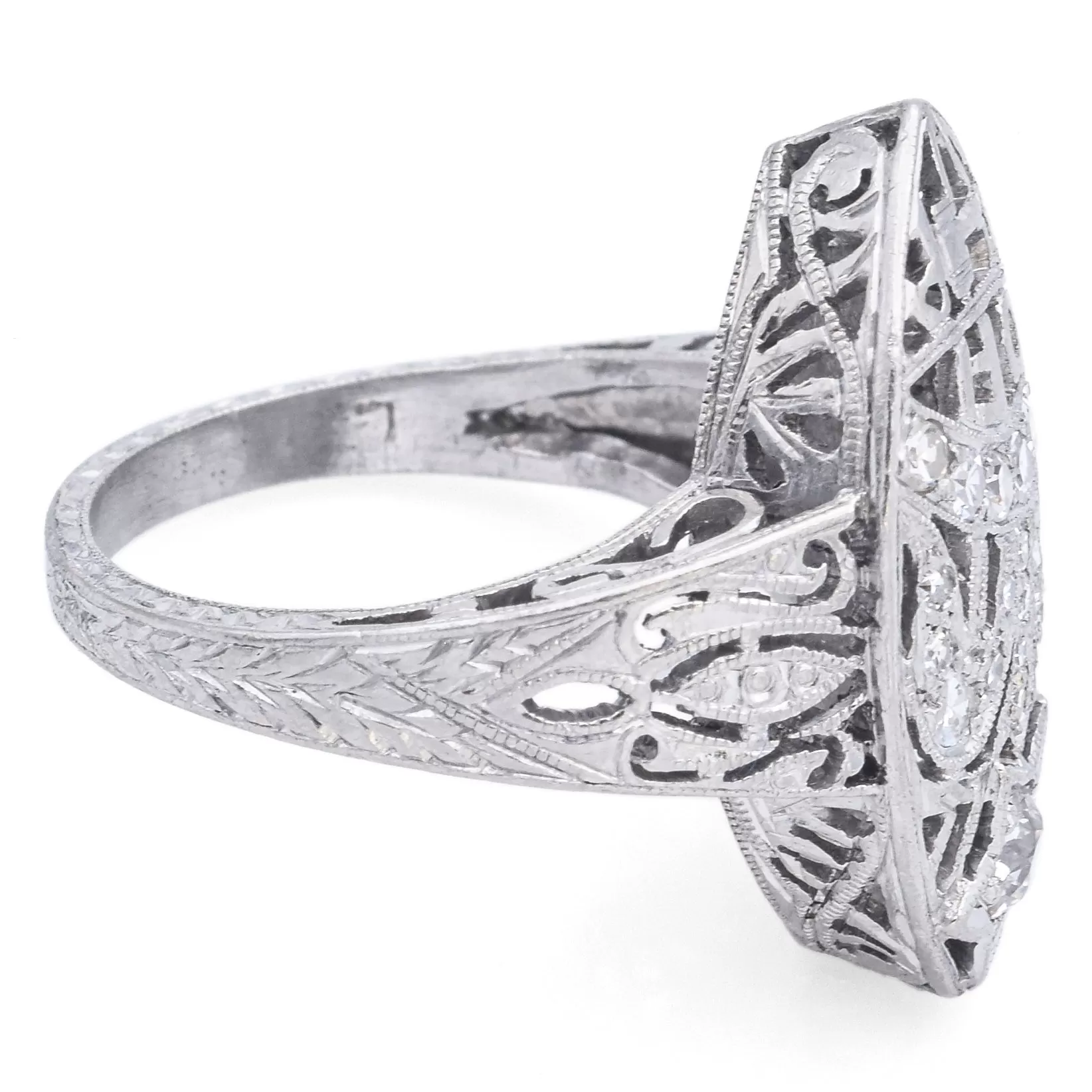 Antique Platinum 0.47 TCW Diamond Navette Cocktail Ring Size 6.25