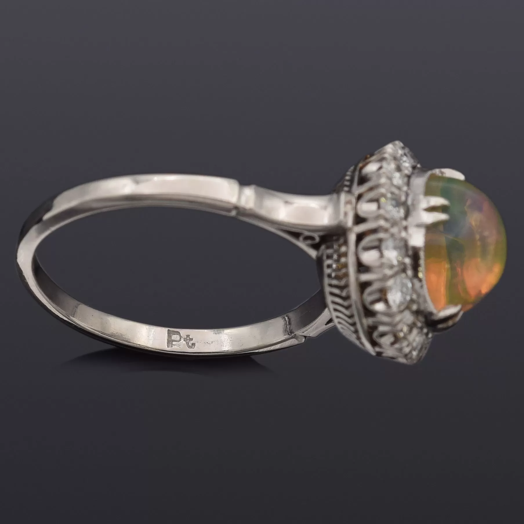 Antique Platinum Jelly Opal & 0.35 TCW Diamond Ring Size 5