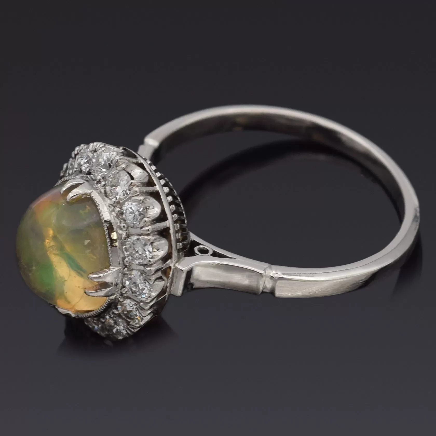 Antique Platinum Jelly Opal & 0.35 TCW Diamond Ring Size 5