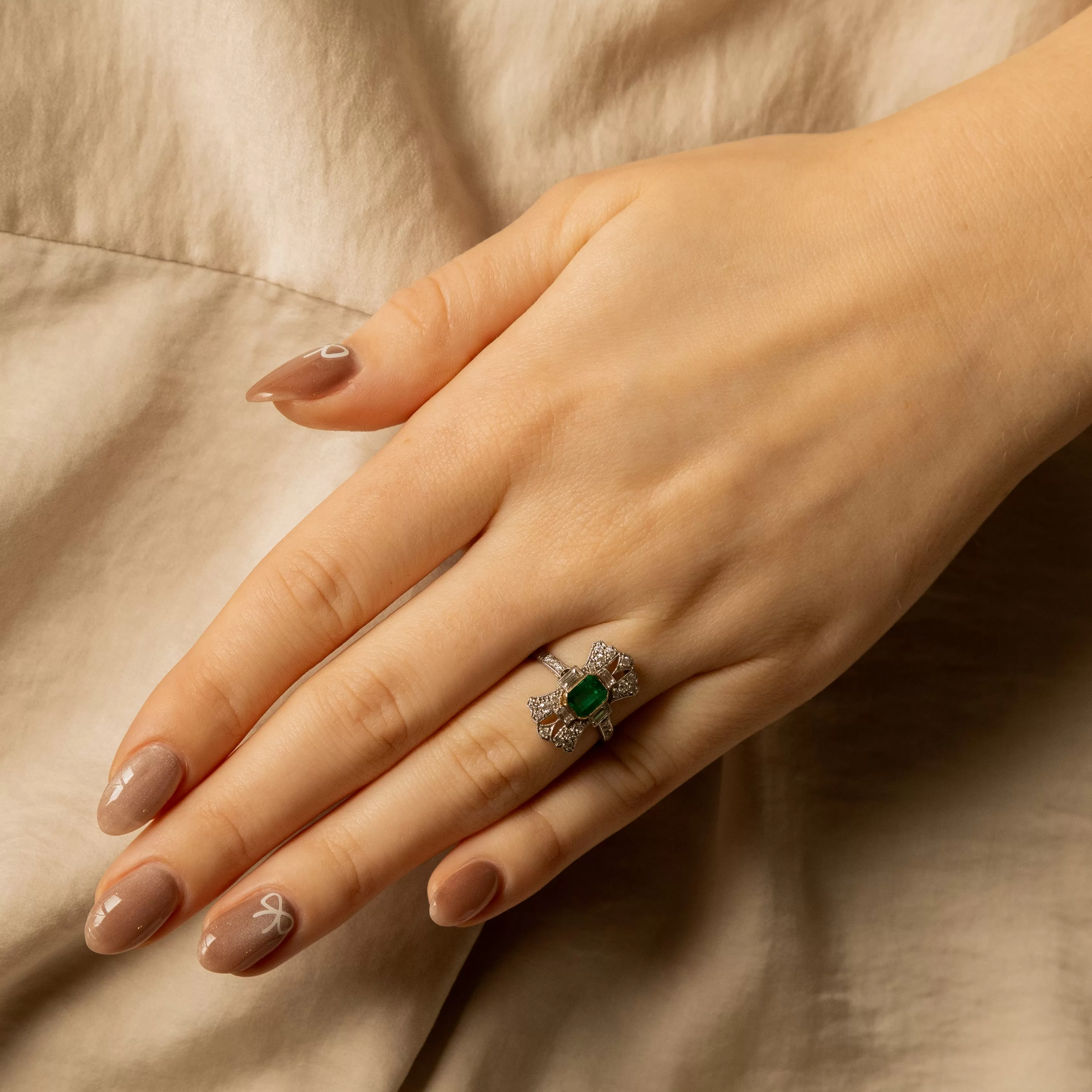 Art Deco Inspired 0.75 Carat Natural Emerald Diamond Ring