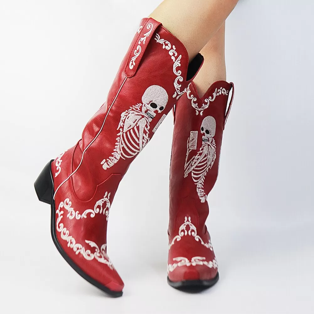 Ashore Western Shop 2023 Cowgirl Boots Fashion Skull Embroidery Western Boots