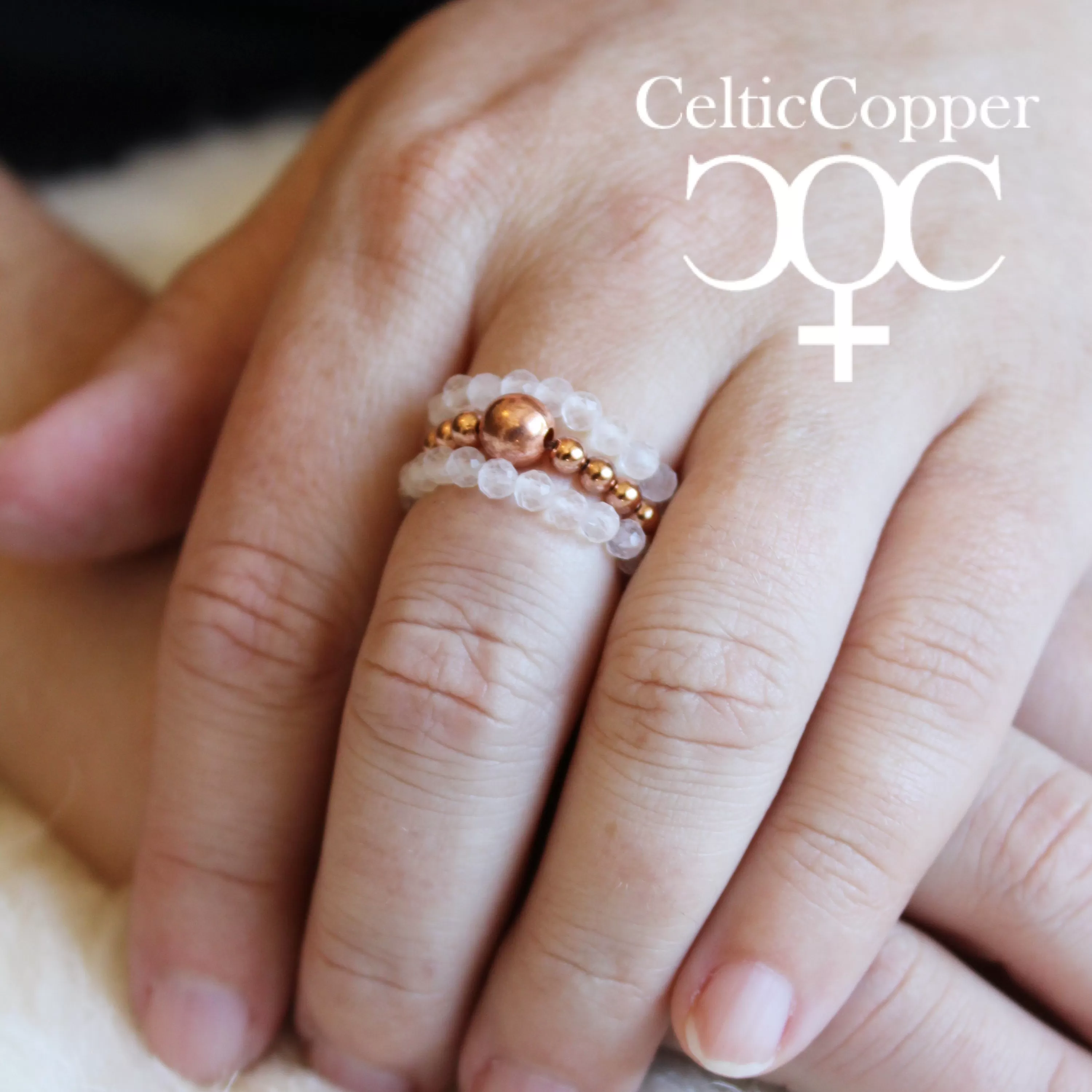 Beaded Copper Ring Set Pure Healing Copper Clear Quartz Crystal 3 Piece Beaded Elastic Ring Set