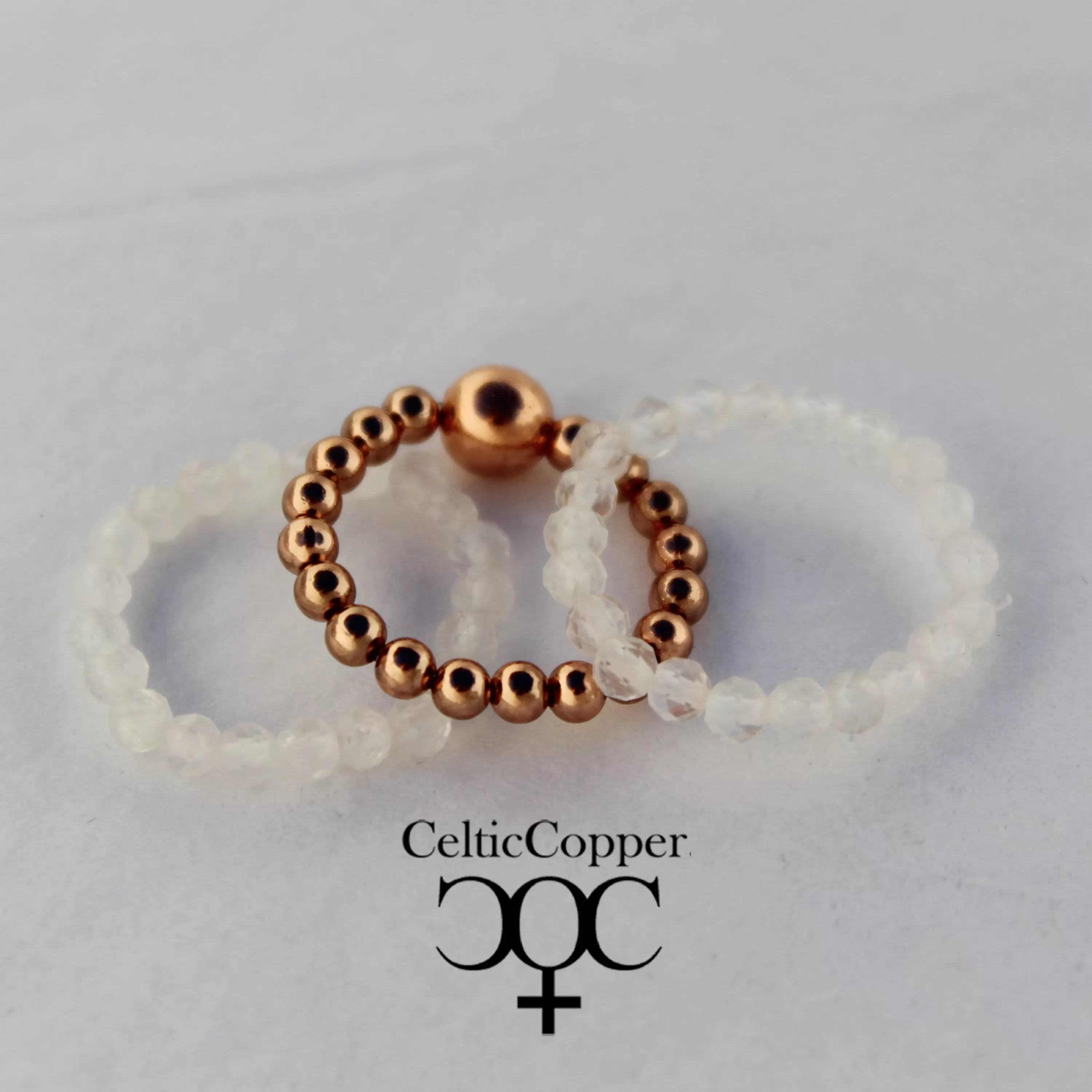 Beaded Copper Ring Set Pure Healing Copper Clear Quartz Crystal 3 Piece Beaded Elastic Ring Set