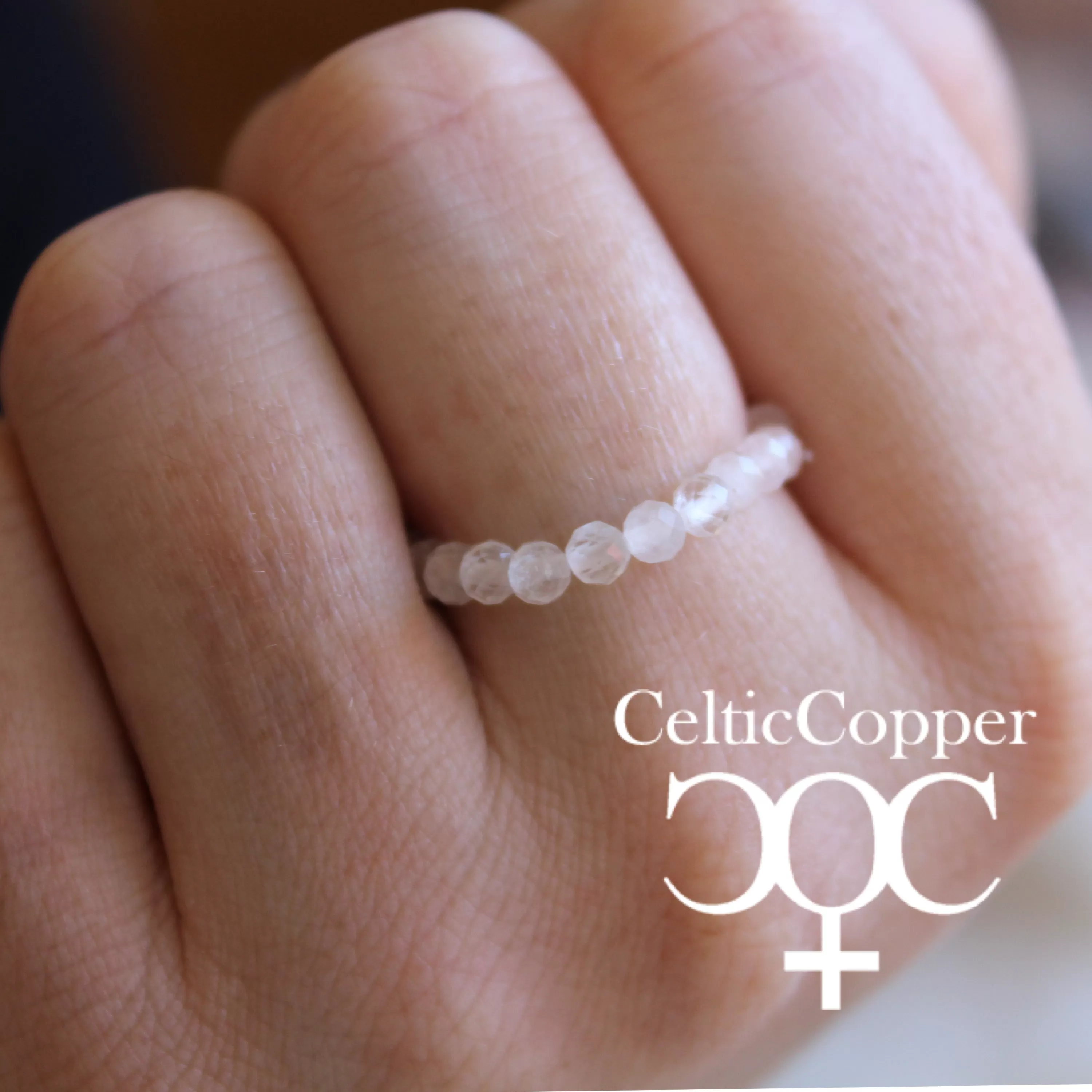 Beaded Copper Ring Set Pure Healing Copper Clear Quartz Crystal 3 Piece Beaded Elastic Ring Set