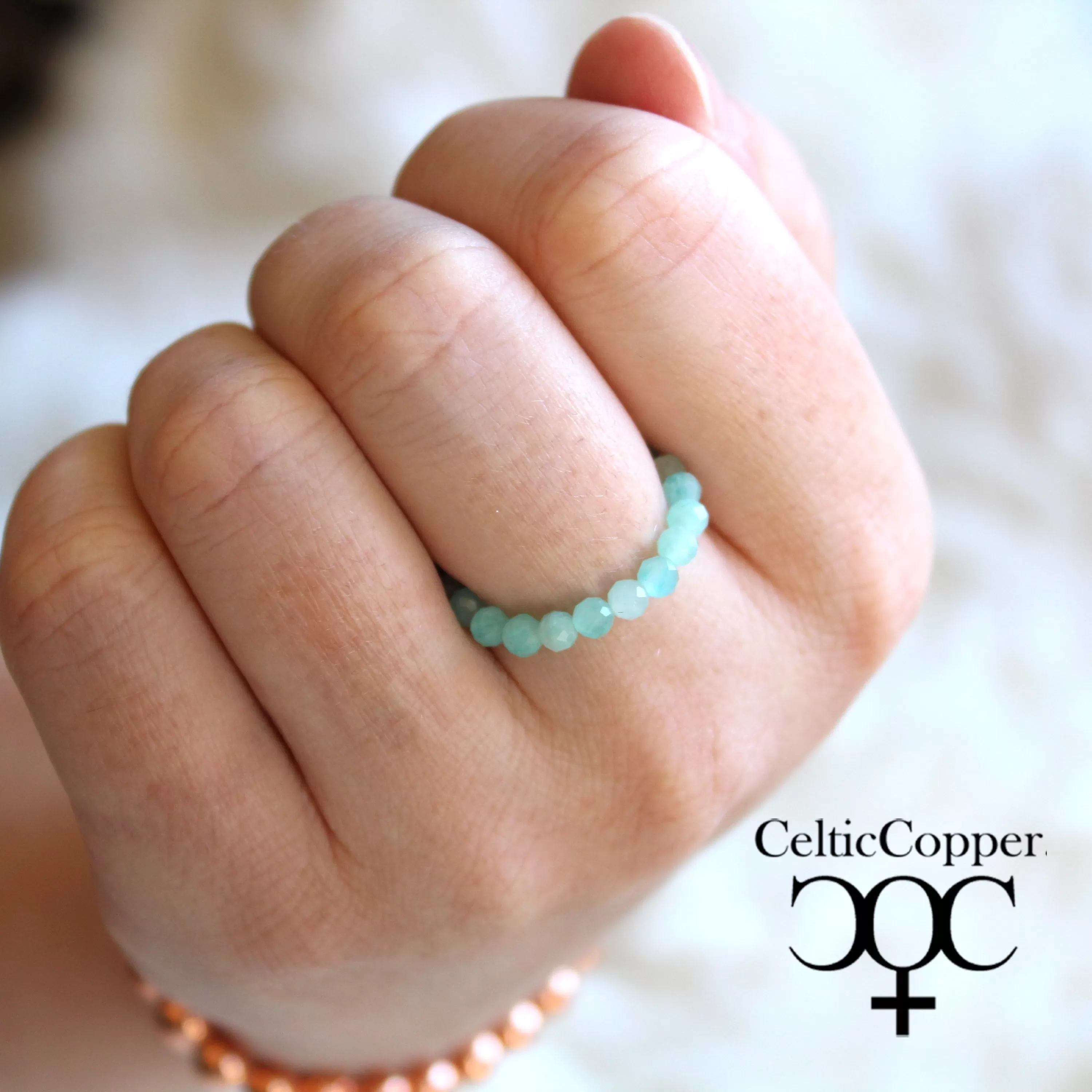 Beaded Copper Ring Set Pure Healing Copper Glacier Blue Amazonite 3 Piece Beaded Elastic Ring Set