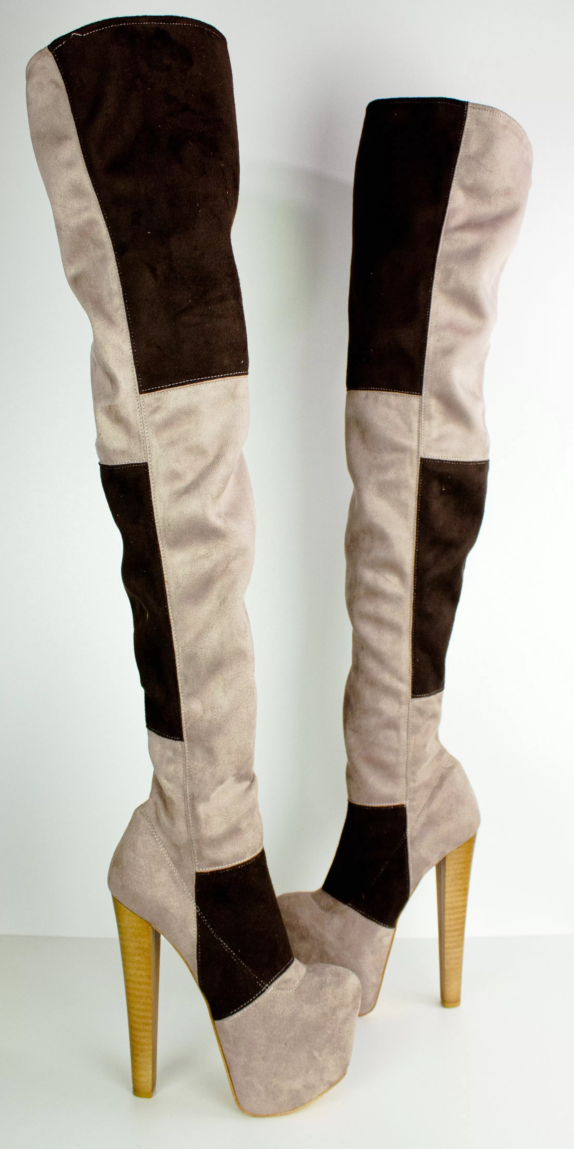 Beige Brown Suede Stretch Thigh High Boots