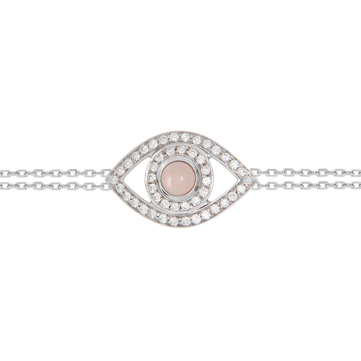 Big Evil Eye Bracelet with White Diamonds and Rose Quartz Center