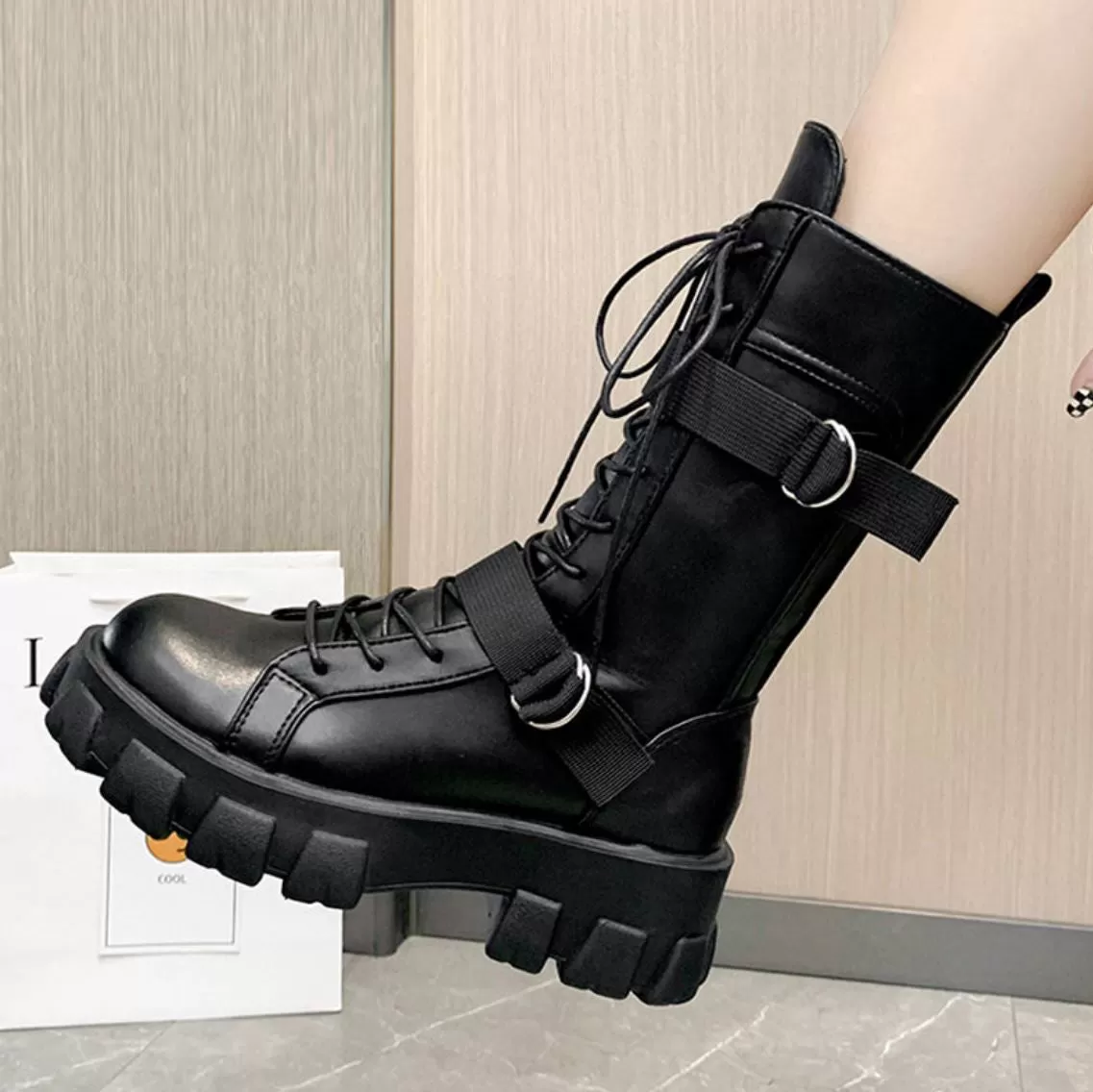 Biker Girl's Boots 2023 New Lace-Up Platform Shoes Leather Boots Women