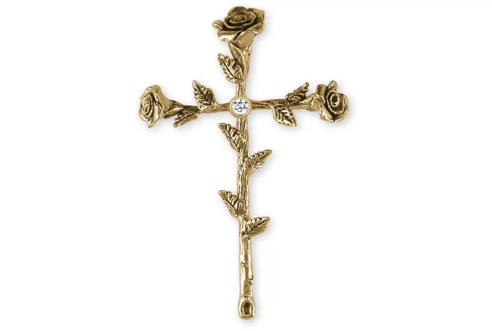 Birthstone Rose Cross Pendant Jewelry 14k Gold Handmade Flower Pendant RS10-SPG