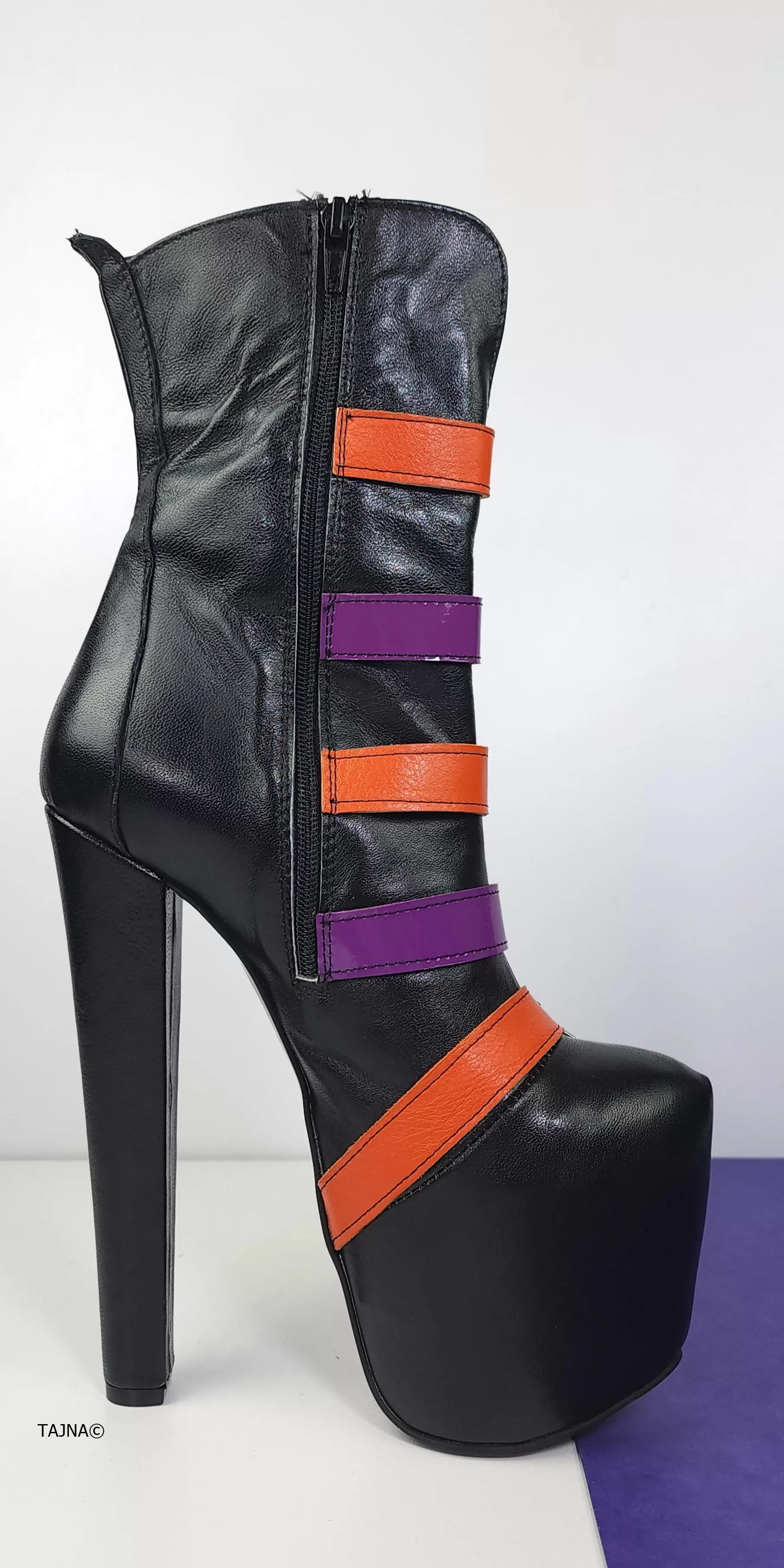 Black Genuine Leather Multi Belted Chunky Heel Boots