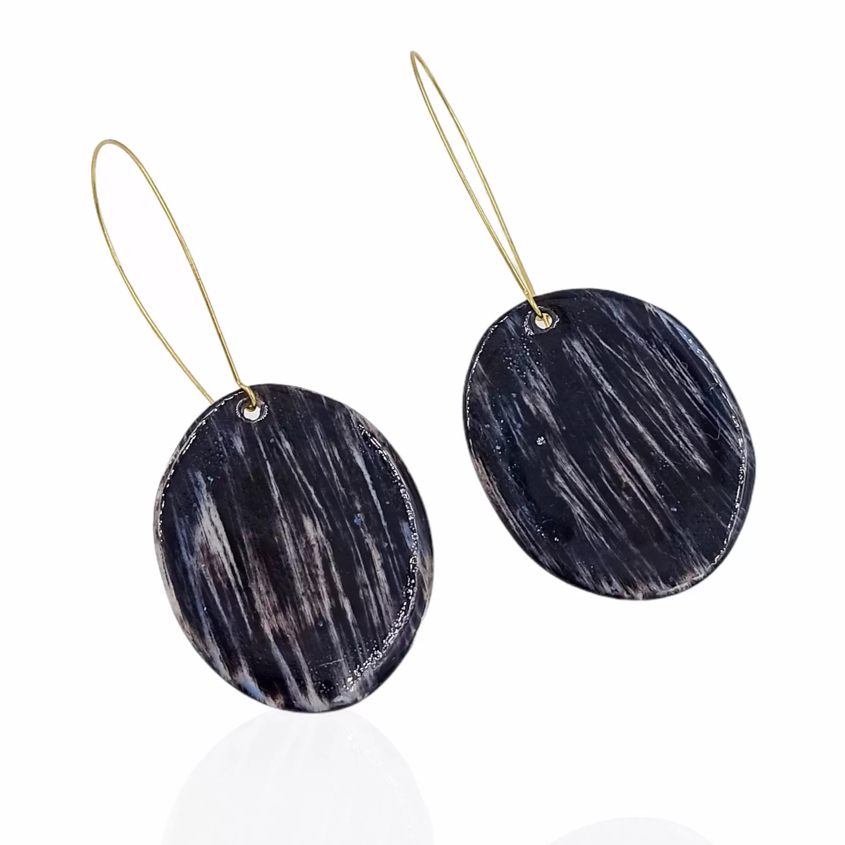 Black oval porcelain long earrings