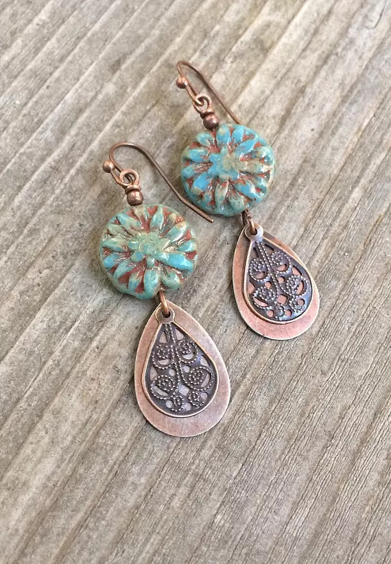 Blue Bohemian Earrings, Blue Flower Jewelry, Copper Earrings