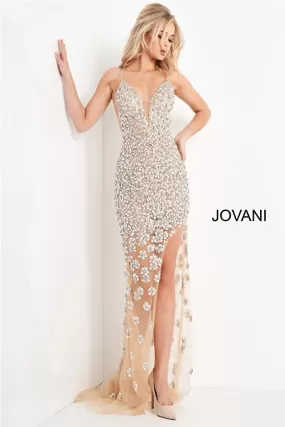 Brielle | Nude Beaded High Slit Gown | Jovani 02492