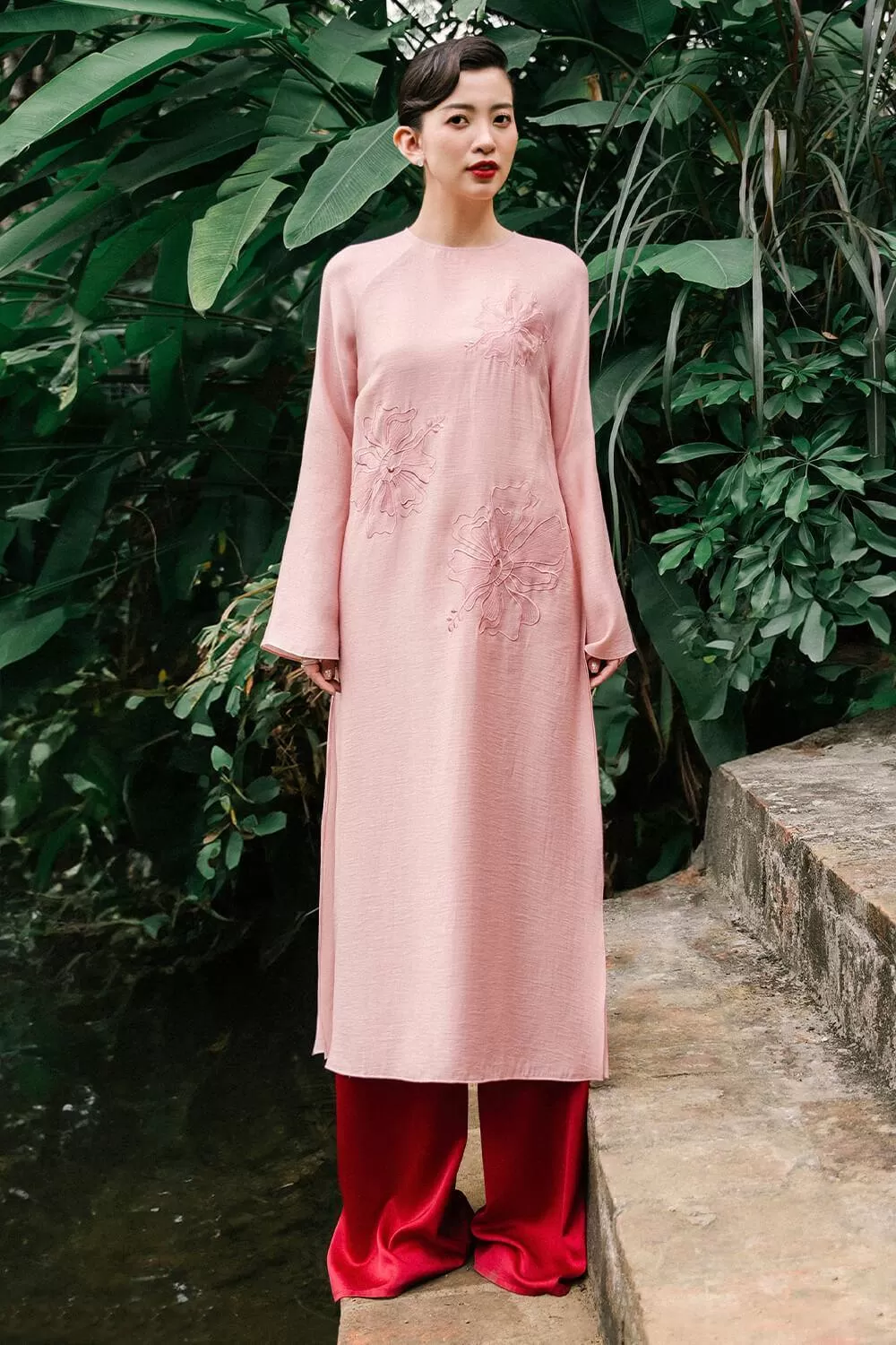 Chi Straight Round Neck Floss Silk Calf Length Ao Dai