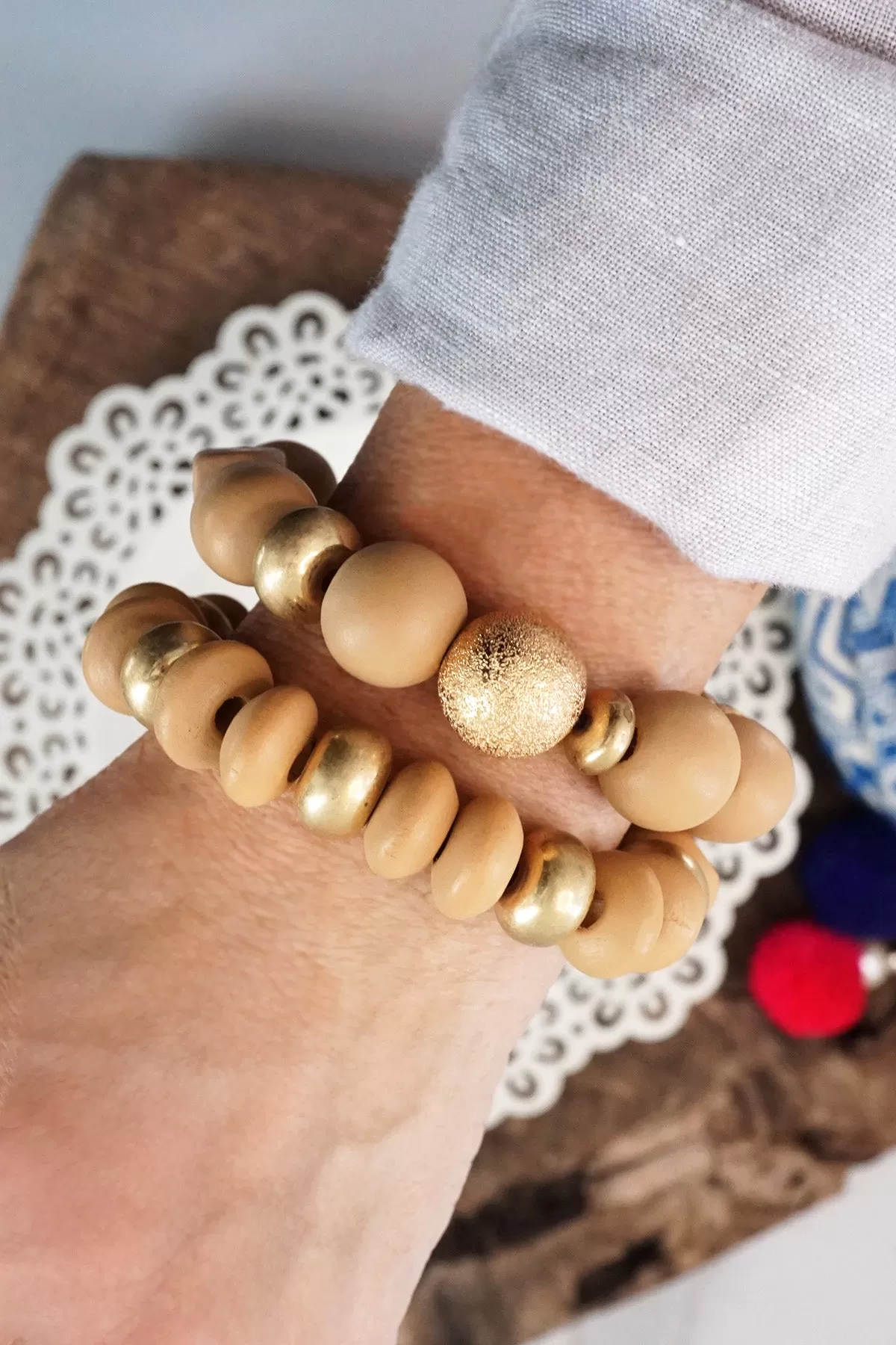 Chunky Beaded Bracelets set in Neutral Wooden and Golden beads