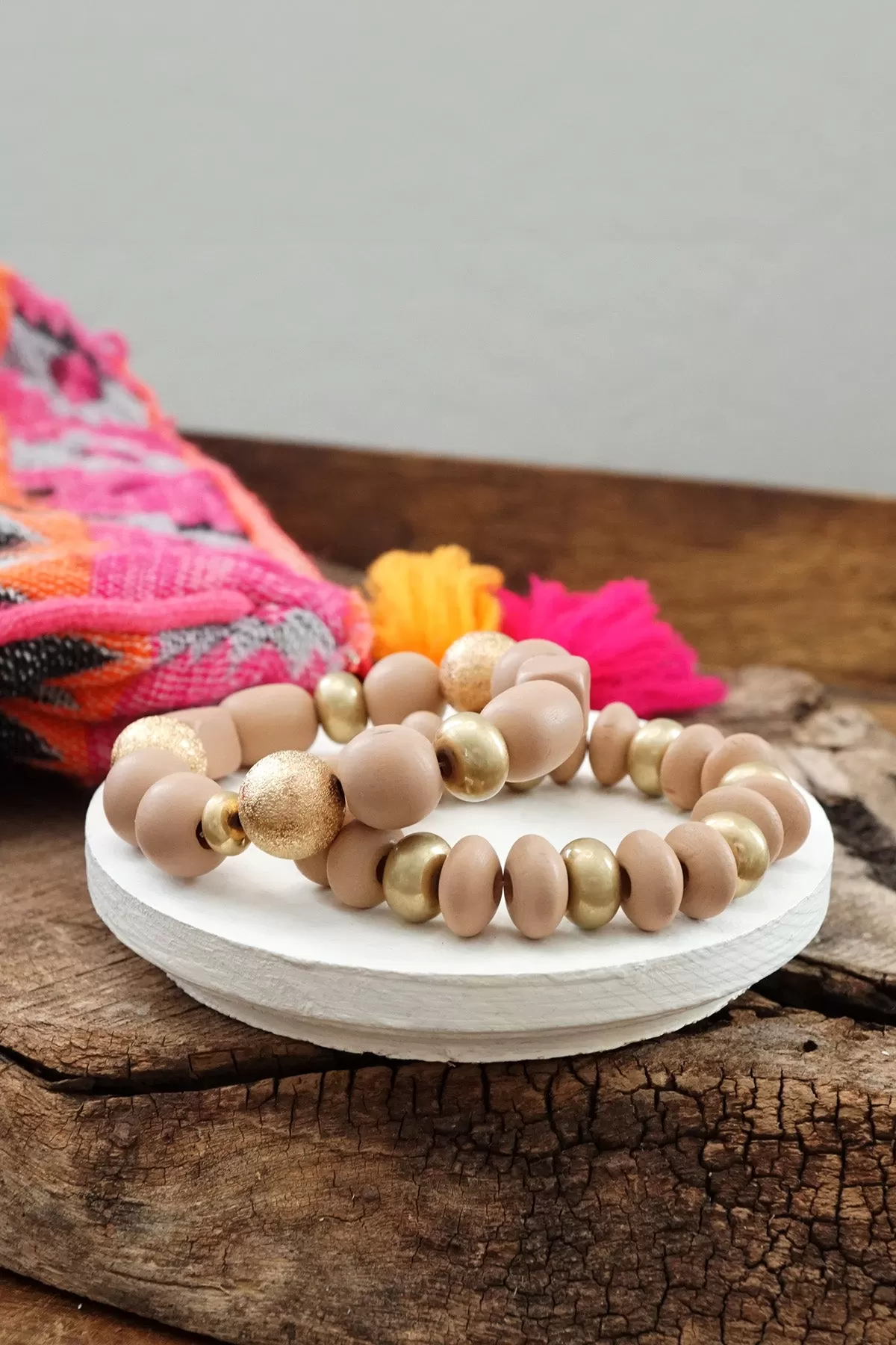 Chunky Beaded Bracelets set in Taupe Pink Wooden and Golden beads