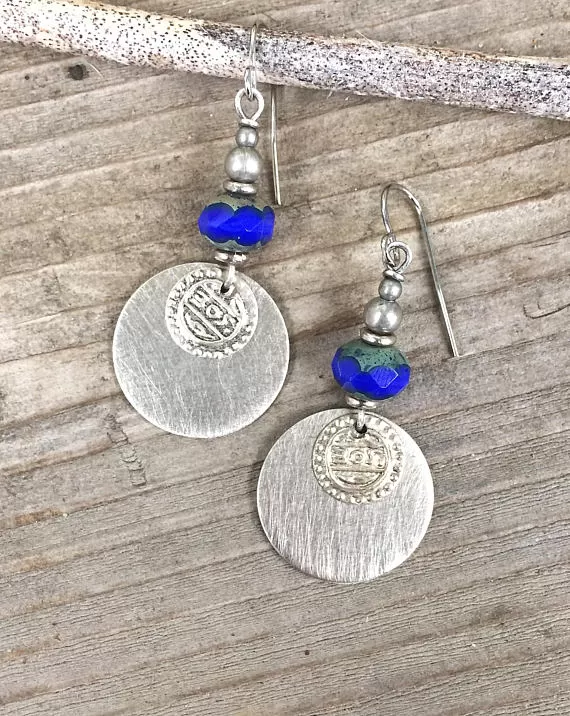 Cobalt Blue and Silver Dangle Earrings with Ethnic Coin Accent