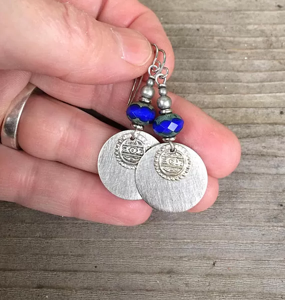 Cobalt Blue and Silver Dangle Earrings with Ethnic Coin Accent