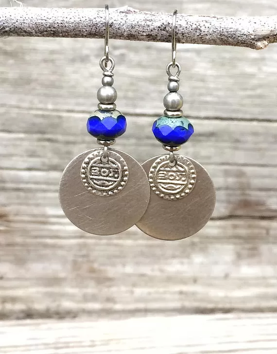 Cobalt Blue and Silver Dangle Earrings with Ethnic Coin Accent