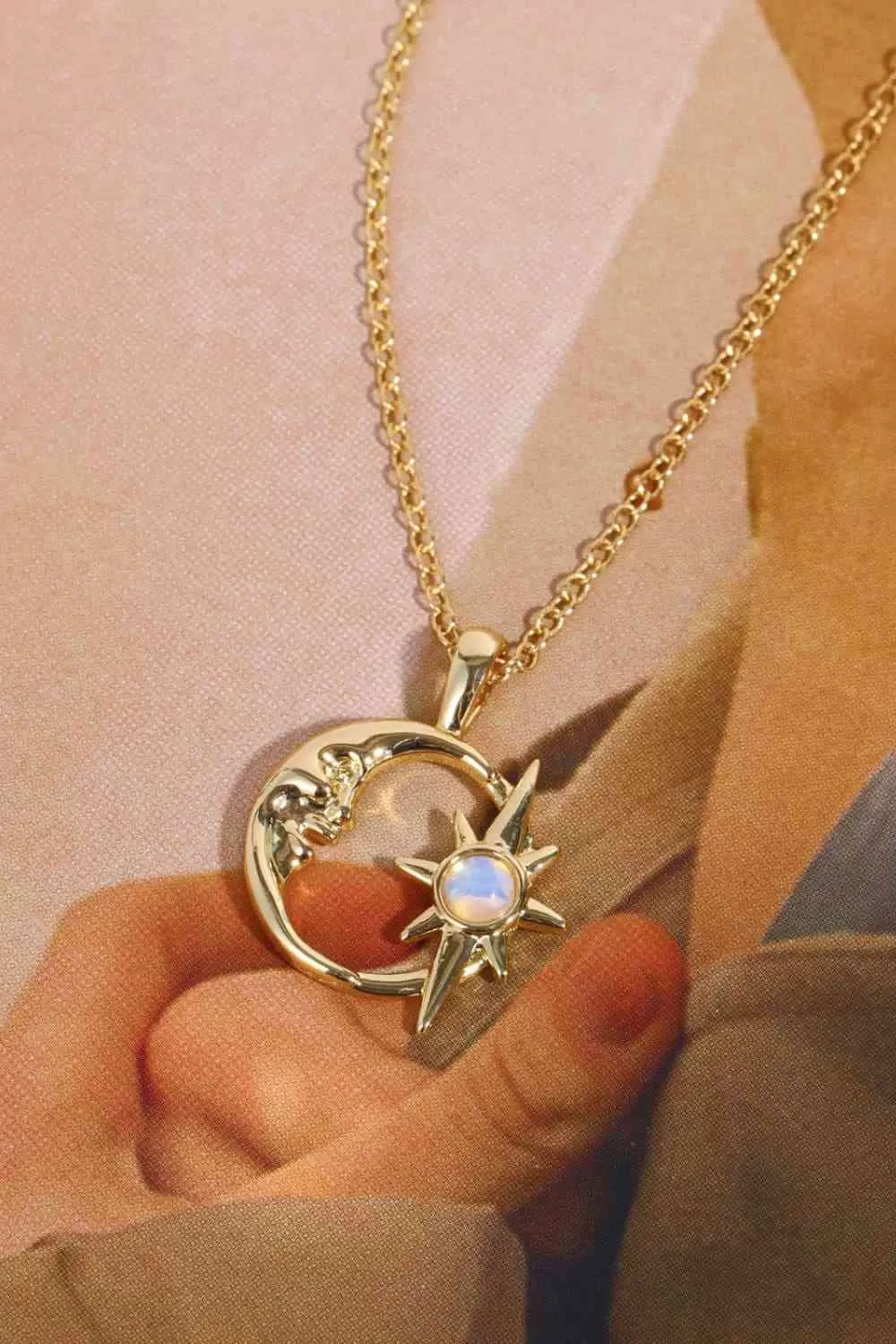 Copper 14K Gold-Plated Moon & Star Shape Pendant Necklace