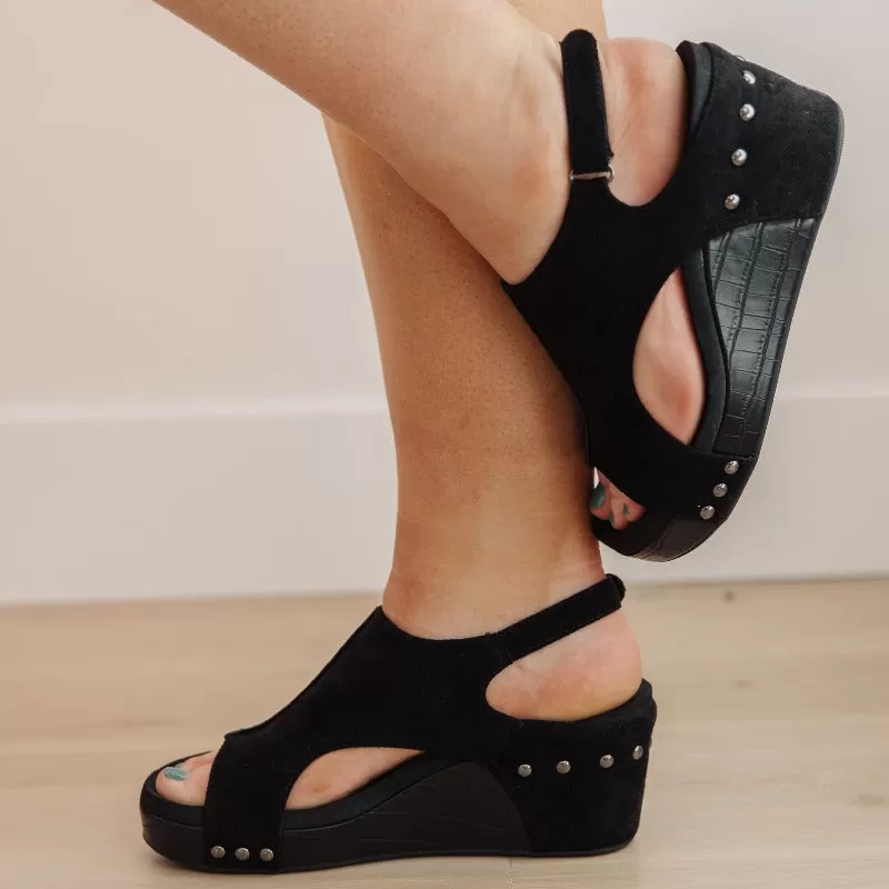 Corky's Walk This Way Wedge Sandals in Black Suede