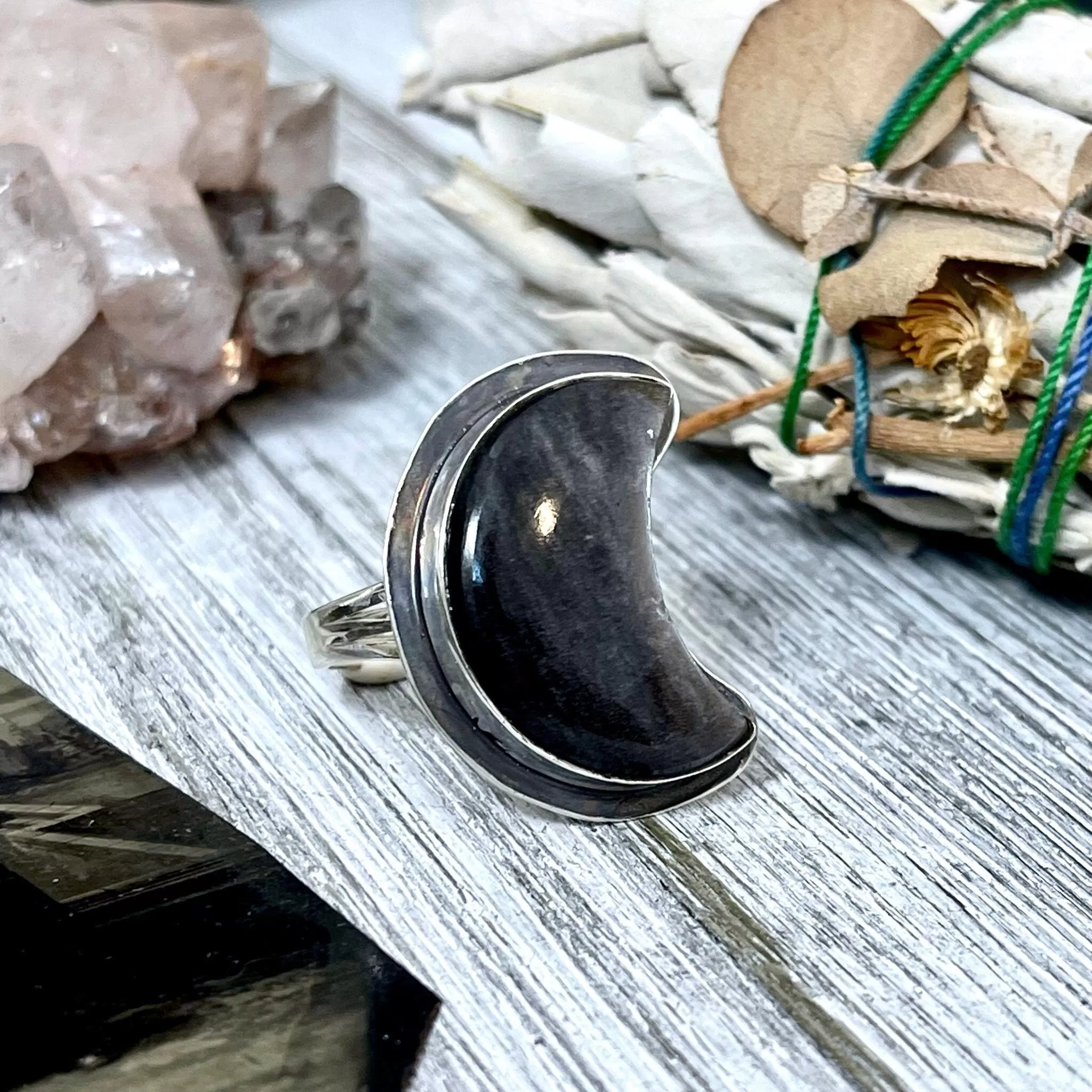 Crescent Moon Silver Sheen Obsidian Crystal Ring in Sterling Silver- Designed by FOXLARK Collection Size 5 6 7 8 9 10 11 / Gothic Jewelry